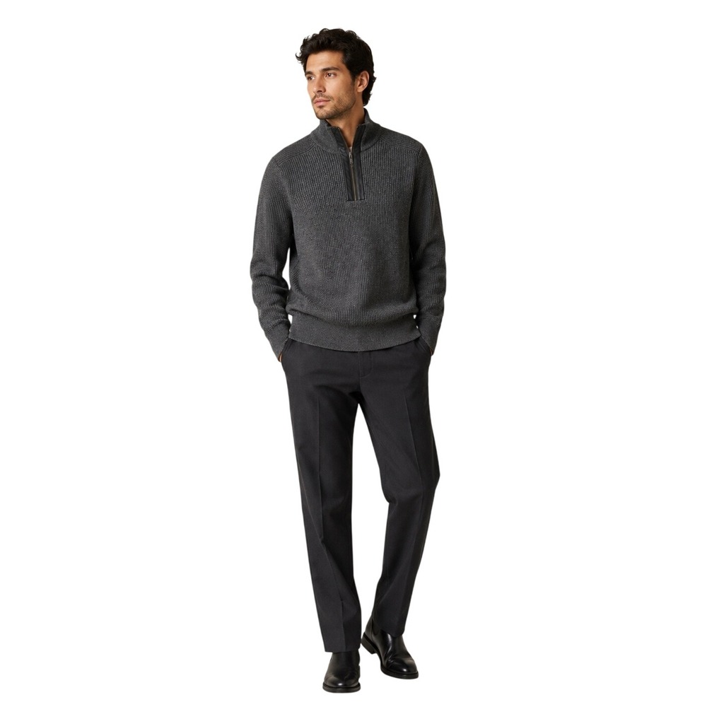 Banana Republic Men M Merino Wool Quarter Zip Sweater Gray Leather Trim Preppy